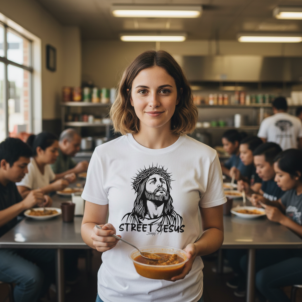 A woman wearing a white "Street Jesus" t-shirt stands in a soup kitchen setting, holding a bowl of food. In the background, several people are eating at a communal table. The kitchen atmosphere is casual, with shelves and industrial kitchen equipment visible. The image captures a sense of community and warmth while the woman smiles gently.