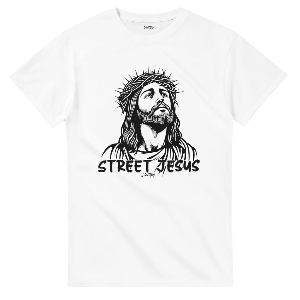 White T-shirt featuring a bold black illustration of Jesus wearing a crown of thorns with the words “Street Jesus” written below in a graffiti-style font.