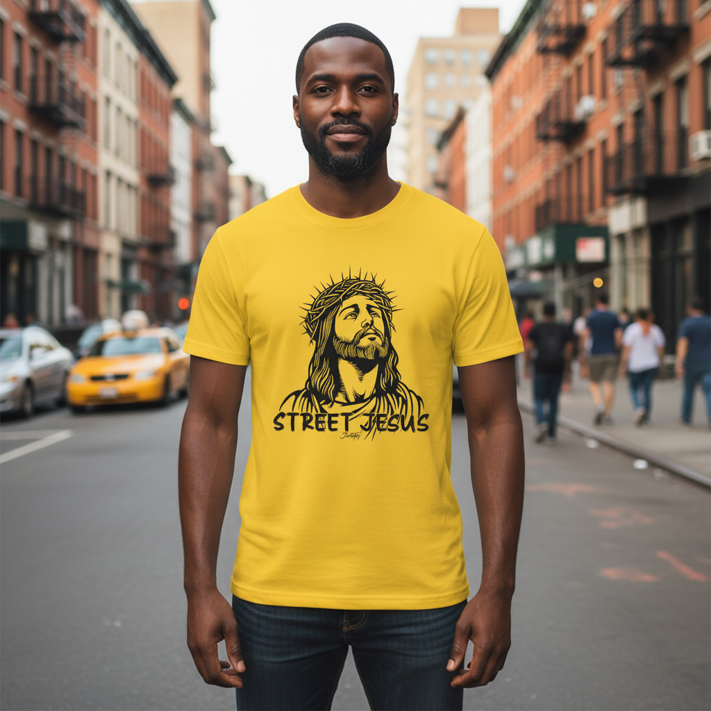 Yellow T-shirt featuring a bold black illustration of Jesus with a crown of thorns, with the words "Street Jesus" in graffiti-style font across the chest. The model is walking through a busy city street, wearing the T-shirt.