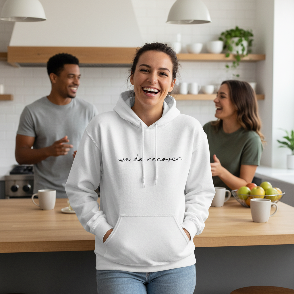 Smiling woman in a white hoodie with black handwritten text that reads “we do recover.” standing in a bright kitchen with friends, symbolizing healing, connection, and positive recovery lifestyle