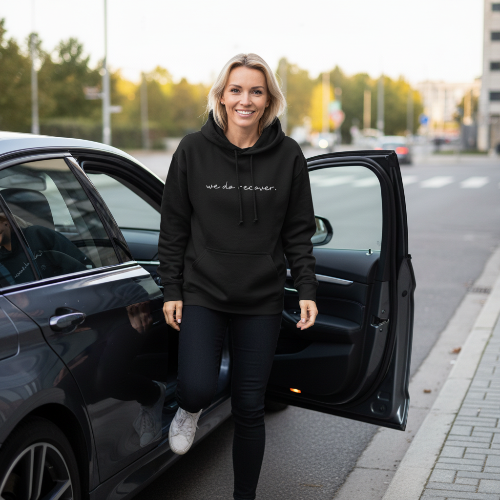 Smiling woman stepping out of a car wearing a black hoodie with white handwritten text that reads “we do recover.” symbolizing strength, confidence, and recovery journey