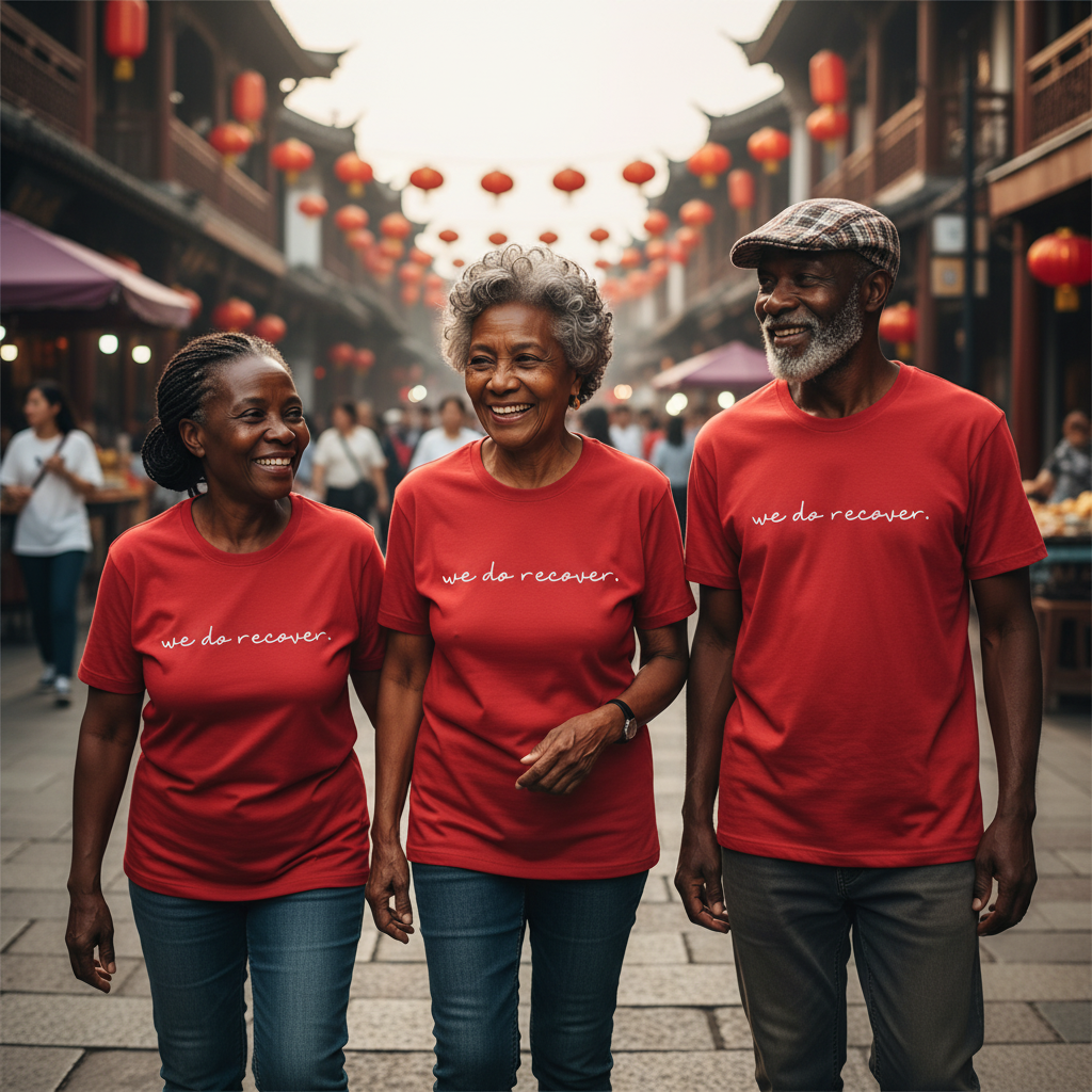 Three smiling people walking together in a lively street wearing matching red T-shirts with white handwritten text that reads “we do recover.” symbolizing unity, healing, and community support