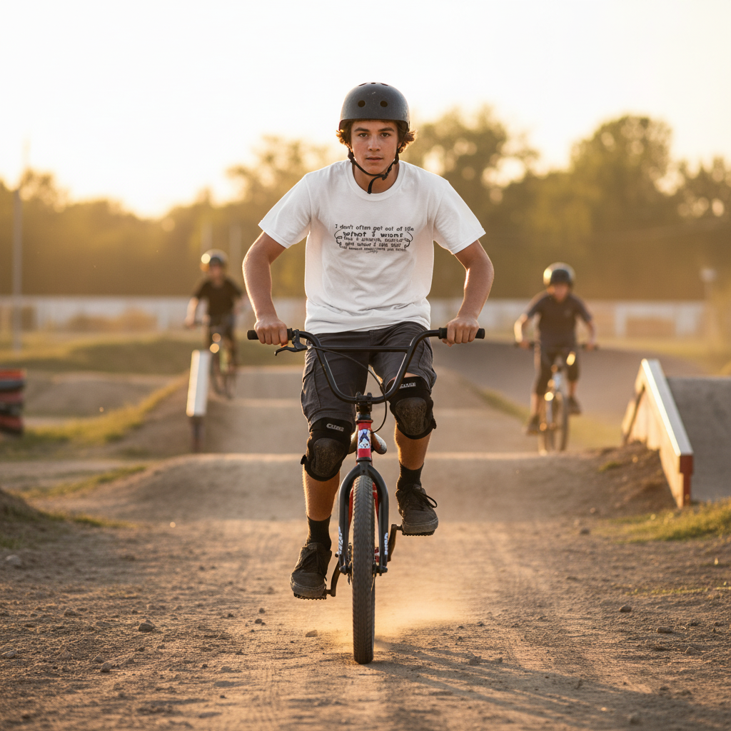 Teen riding a BMX bike at a dirt park while wearing a white t-shirt with the quote: "I don’t often get out of life what I want, but I always, always get what I ask for!" A fun, bold statement captured in an active and adventurous setting.