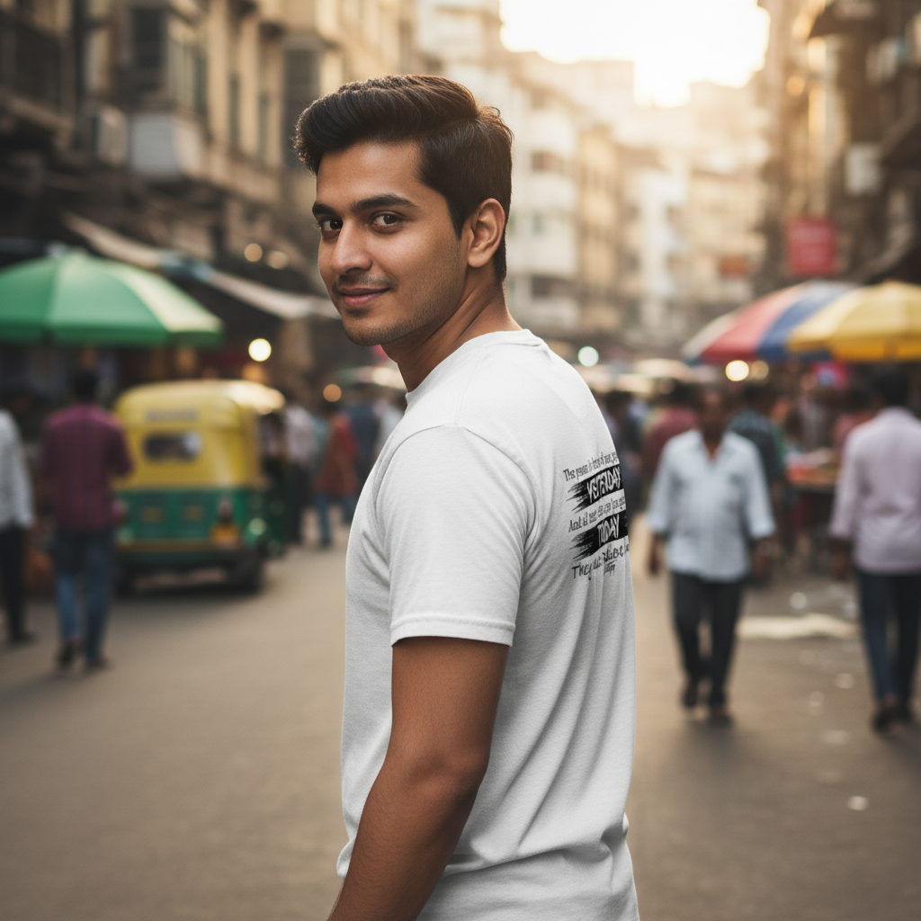 Young man wearing a white t-shirt with a powerful "Yesterday" and "Today" recovery quote on the back. Captured in an urban street setting, this image emphasizes resilience, strength, and hope in daily life.