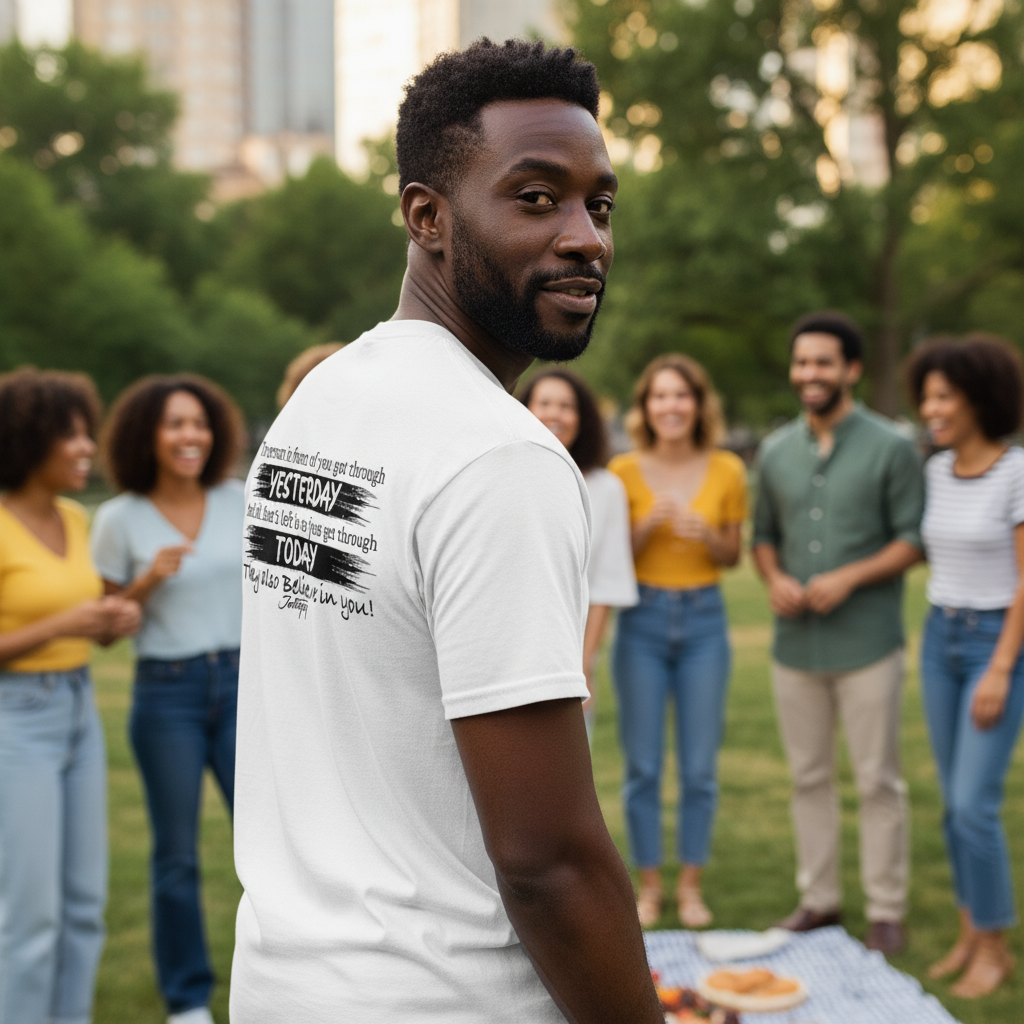Man wearing a white t-shirt with an inspiring "Yesterday" and "Today" recovery quote while enjoying a picnic with friends in the park. The shirt’s message stands out in a relaxed, social setting, symbolizing hope and perseverance.