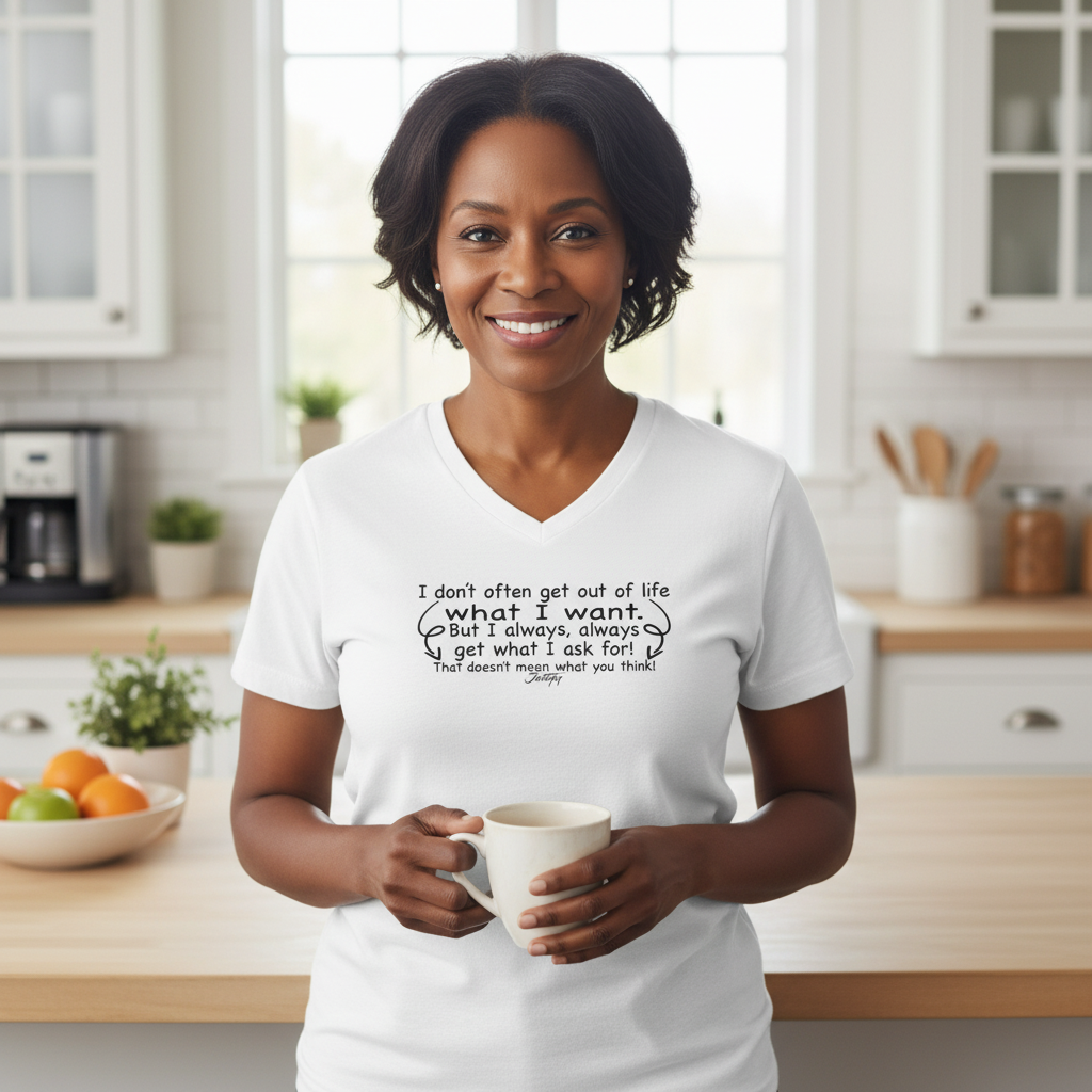 Woman in a white V-neck t-shirt with the playful quote: "I don’t often get out of life what I want, but I always, always get what I ask for!" She’s enjoying a cup of coffee in her kitchen, radiating confidence and positivity.