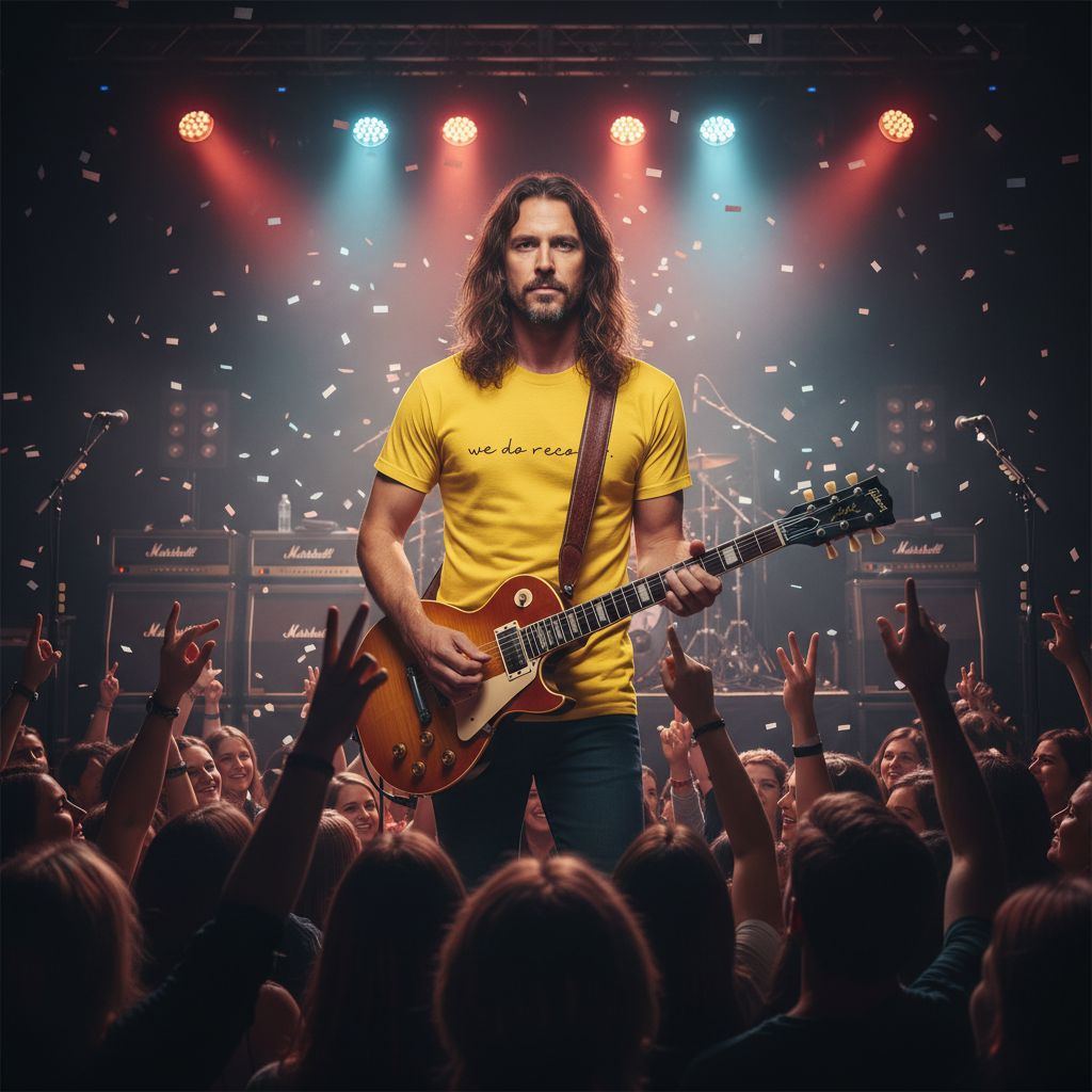 Rock concert scene featuring a man wearing a yellow "we do recover" t-shirt. The shirt’s empowering message shines in a lively setting filled with fans, capturing strength, recovery, and hope in the music world.