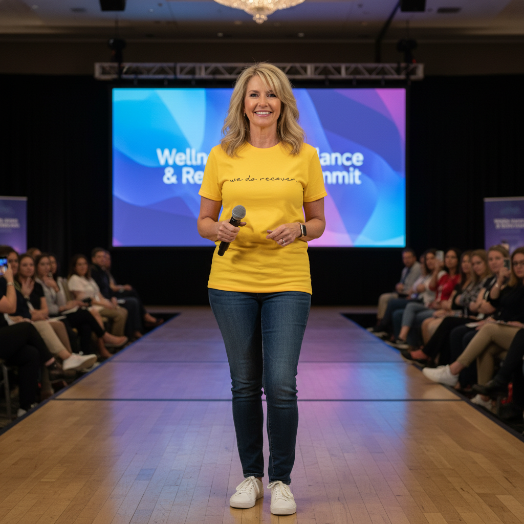 Woman wearing a yellow "we do recover" t-shirt while speaking at a wellness and resilience summit. The shirt’s empowering message stands out in a professional setting, inspiring strength and recovery.