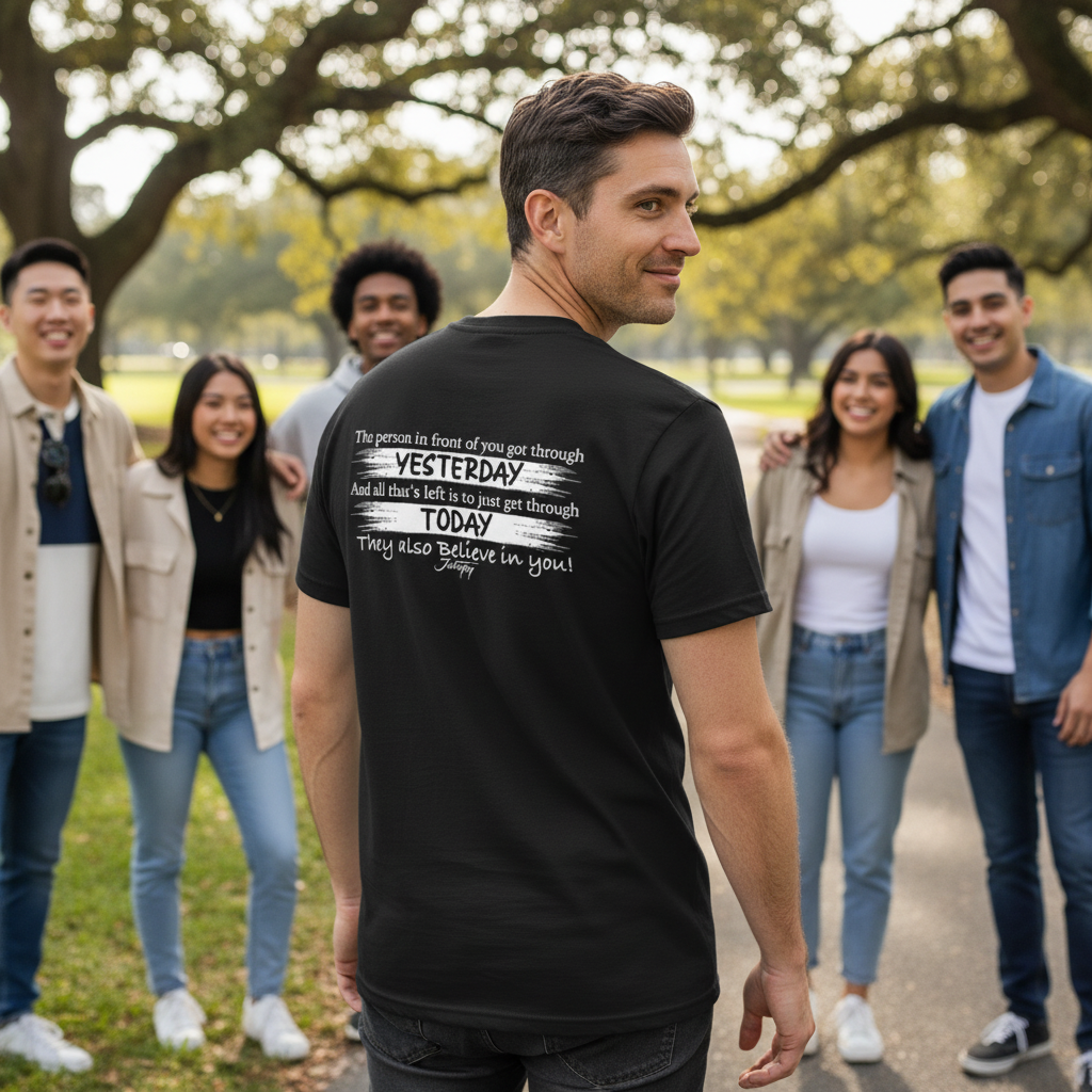 Man wearing a black T-shirt with white inspirational text on the back that reads “The person in front of you got through yesterday, and all that’s left is to just get through today. They also believe in you!” while standing outdoors with smiling friends in the background