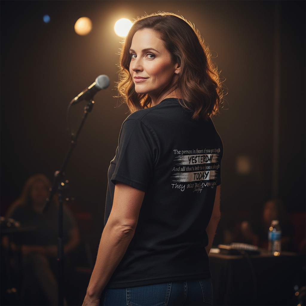 Woman on stage wearing a black T-shirt with motivational text on the back that reads “The person in front of you got through yesterday... They also believe in you!” symbolizing confidence, empowerment, and encouragement