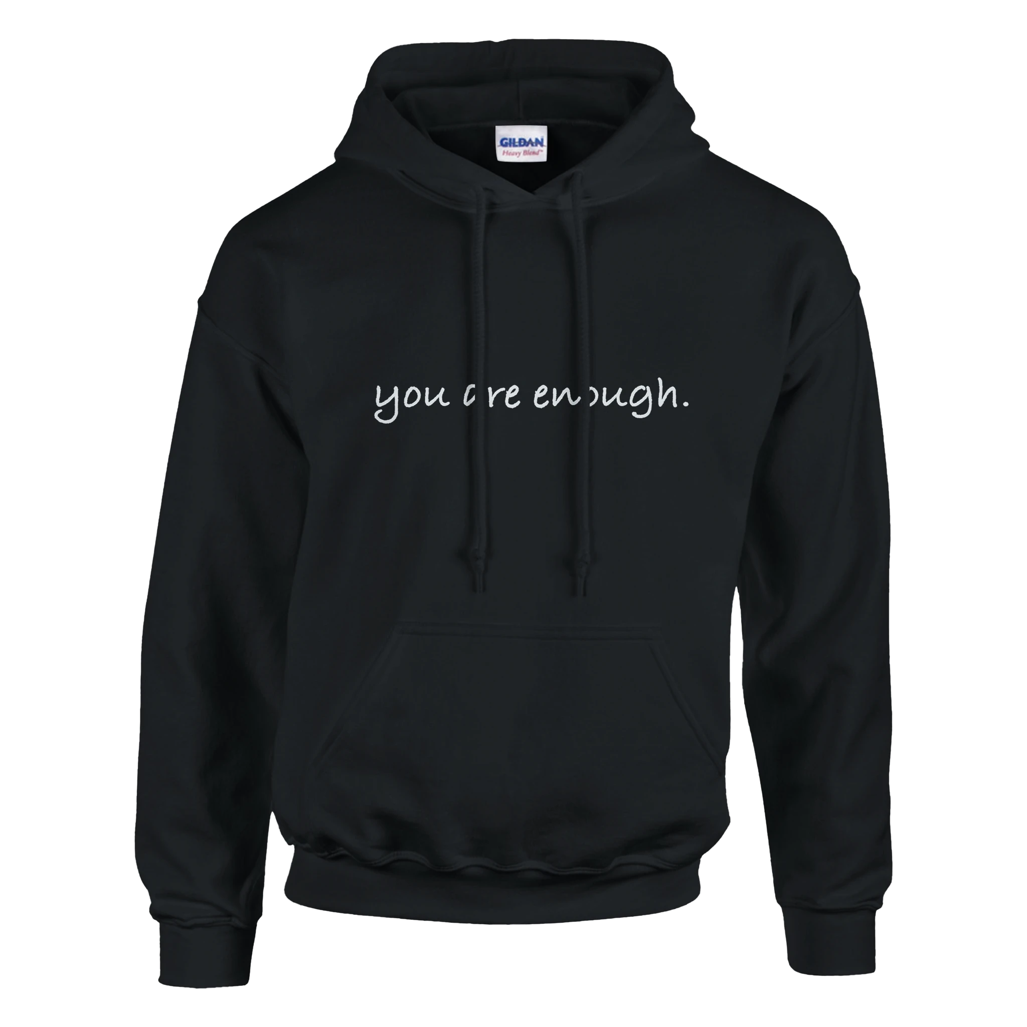 Black hoodie featuring minimalist text that reads, “you are enough.” A cozy and motivational sweatshirt promoting self-love, confidence, and positivity — perfect for casual, everyday wear.