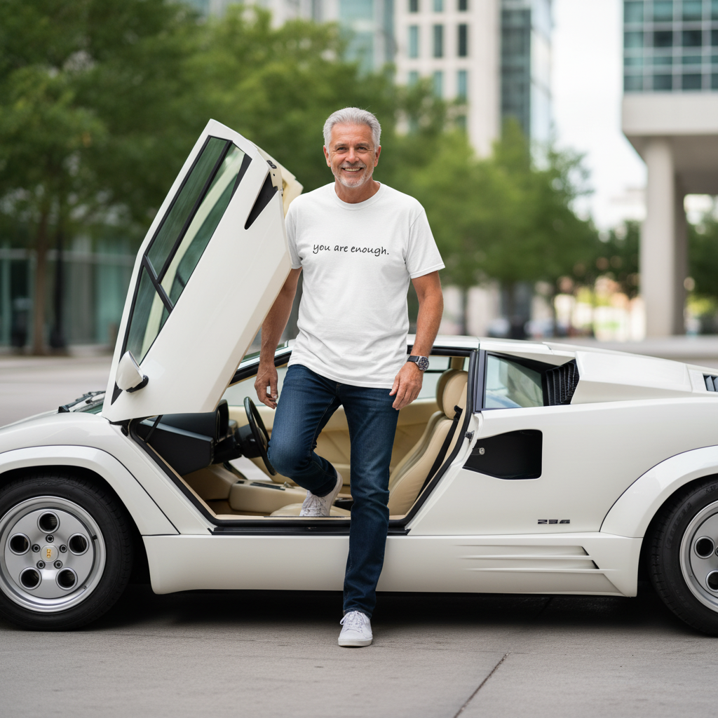 Smiling man stepping out of a white sports car wearing a white “you are enough.” T-shirt, representing confidence, success, and self-belief
