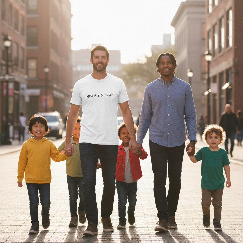 Two men walking hand in hand with children on a city street, one wearing a white “you are enough.” T-shirt, representing family love, confidence, and positivity