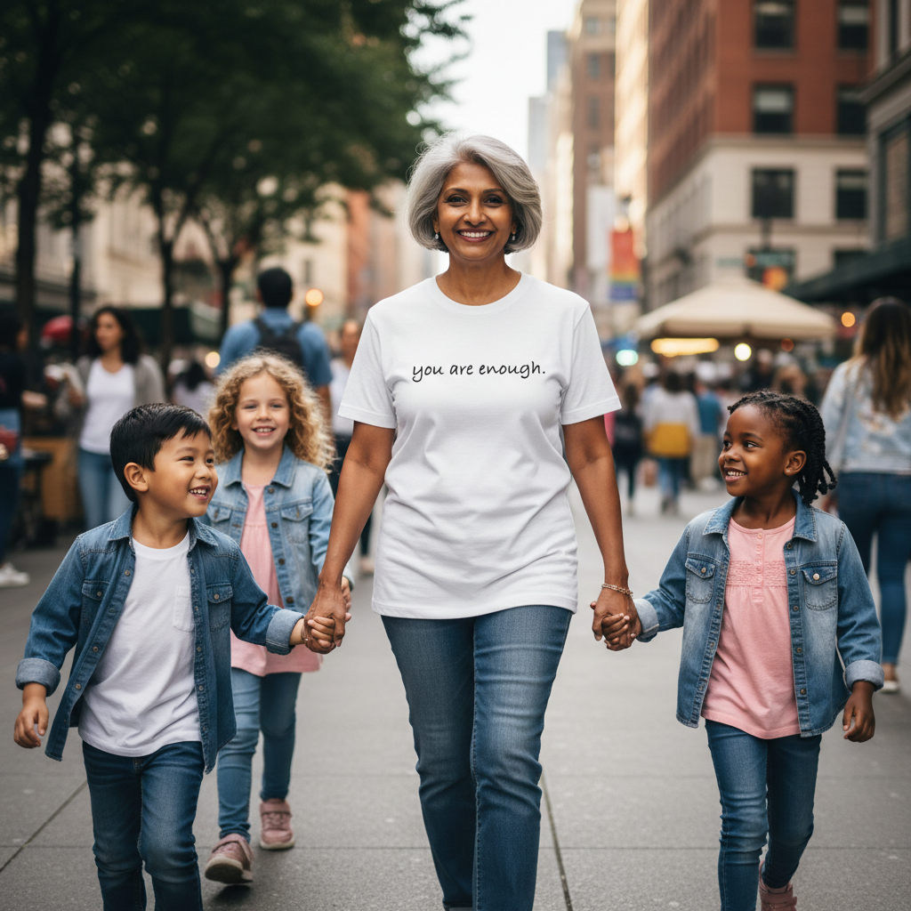 Smiling older woman walking hand in hand with children on a busy city street wearing a white “you are enough.” T-shirt, symbolizing love, confidence, and self-worth