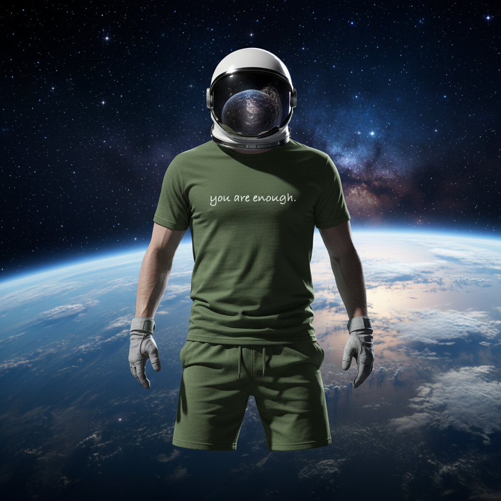 Astronaut wearing green “You Are Enough” T-shirt floating above Earth, symbolizing self-belief, mindfulness, and cosmic inspiration in a minimalist lifestyle scene.