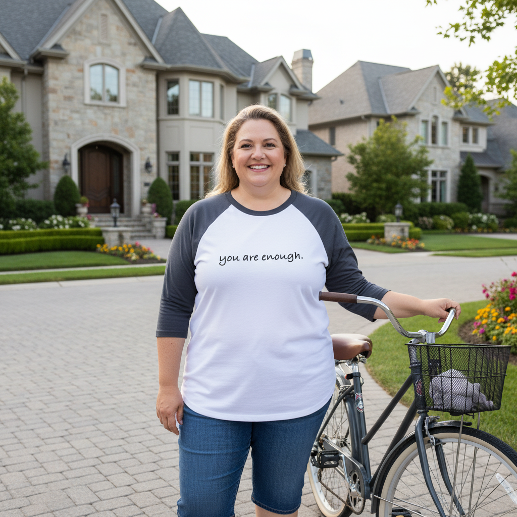 Woman smiling confidently beside her bicycle in a suburban neighborhood, wearing a white and gray raglan shirt with the message "you are enough." A bright and positive lifestyle image celebrating self-acceptance, confidence, and inner strength.