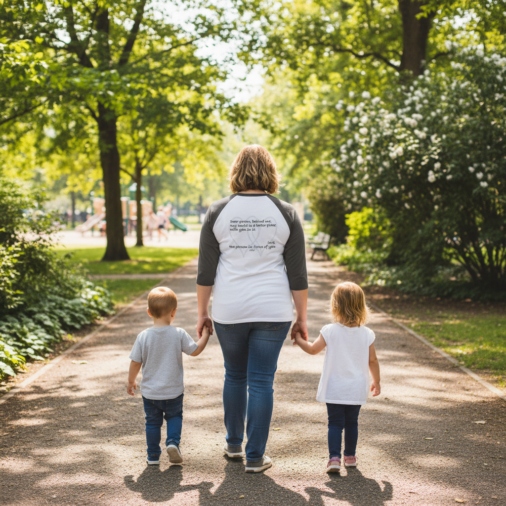 Mother walking hand in hand with two young children through a sunny park, wearing a white and gray raglan shirt that reads "you are enough." A heartfelt lifestyle image symbolizing love, family, encouragement, and self-worth.