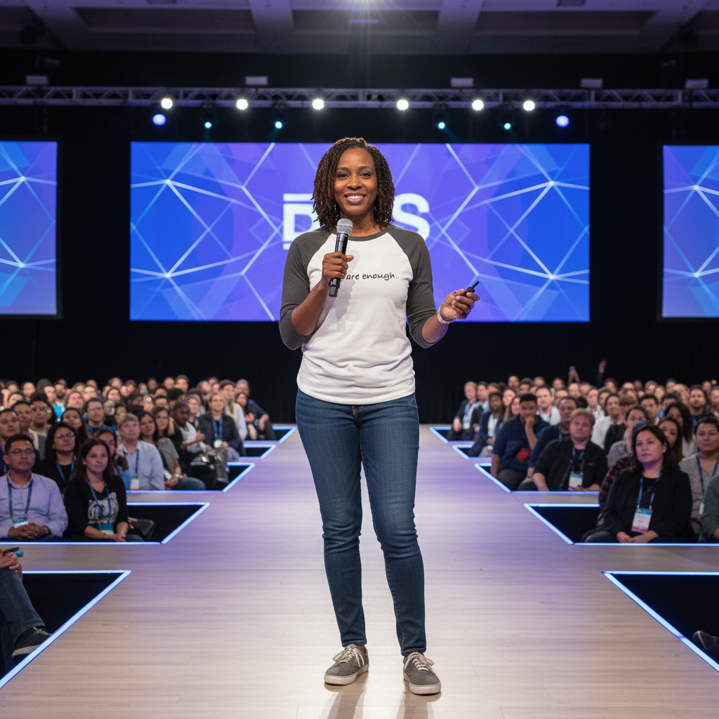 Confident woman speaking on stage in front of a large audience, wearing a white and gray raglan shirt with the words "you are enough." A motivational and empowering image representing confidence, leadership, and self-worth.