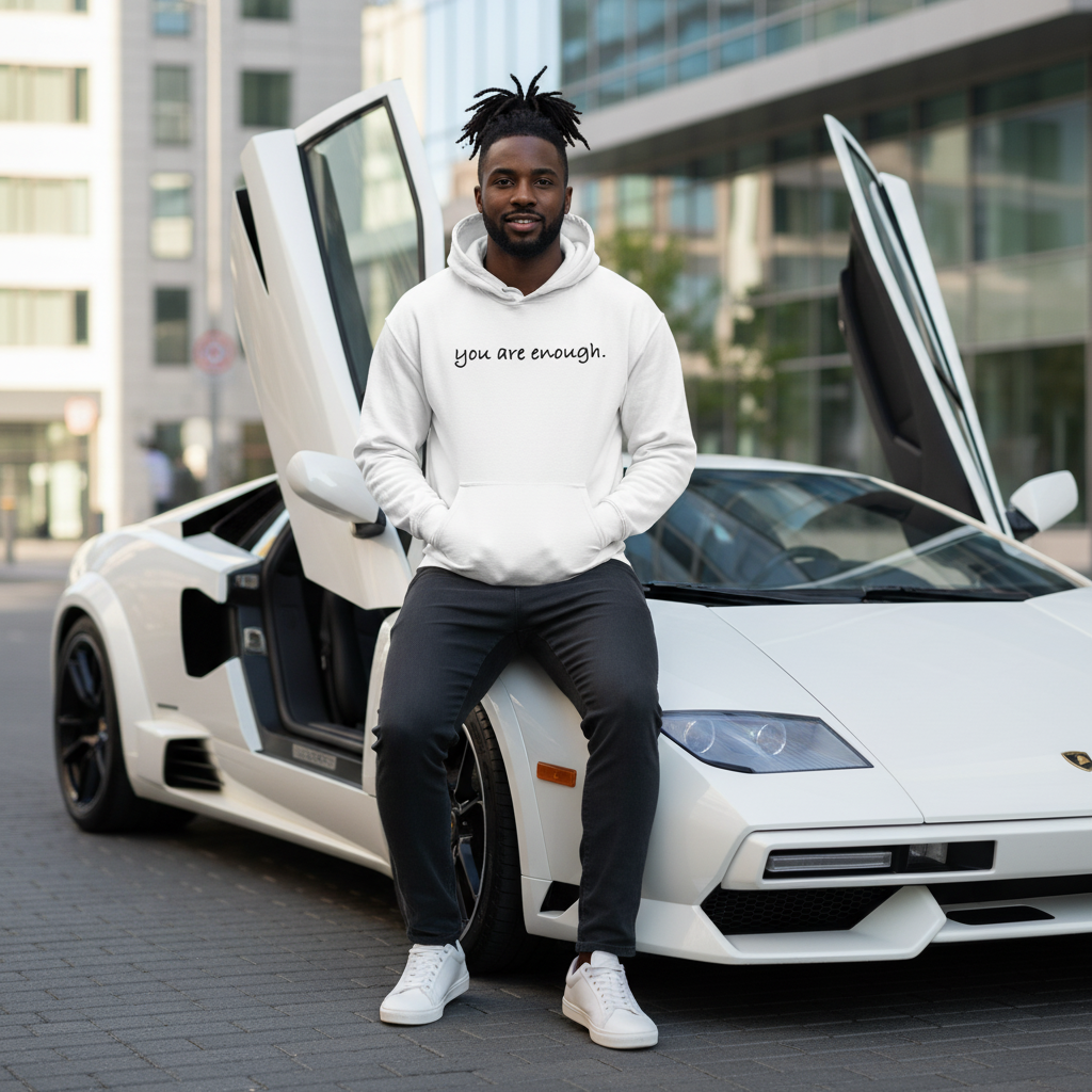 Man sitting confidently on a white sports car wearing a white hoodie with the text "you are enough." A stylish and motivational streetwear look symbolizing self-worth and confidence.